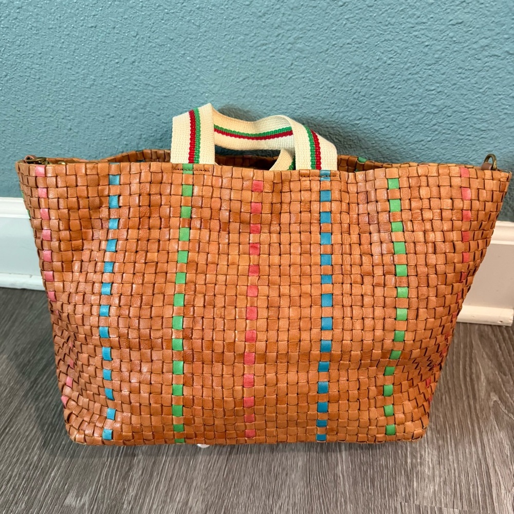 Woven Tan Leather Tote Bag with Multicolor Stripes - Picture 3 of 10